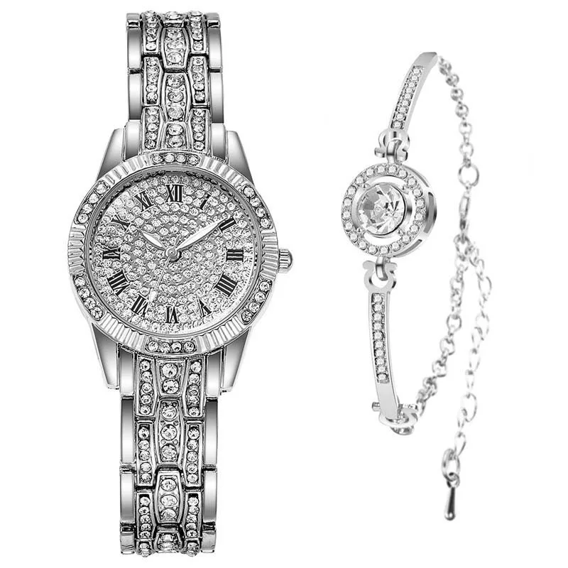 2023 New Steel Band  Set, Fashion Roman Diamond Dial Quartz Women's Watch Bracelet