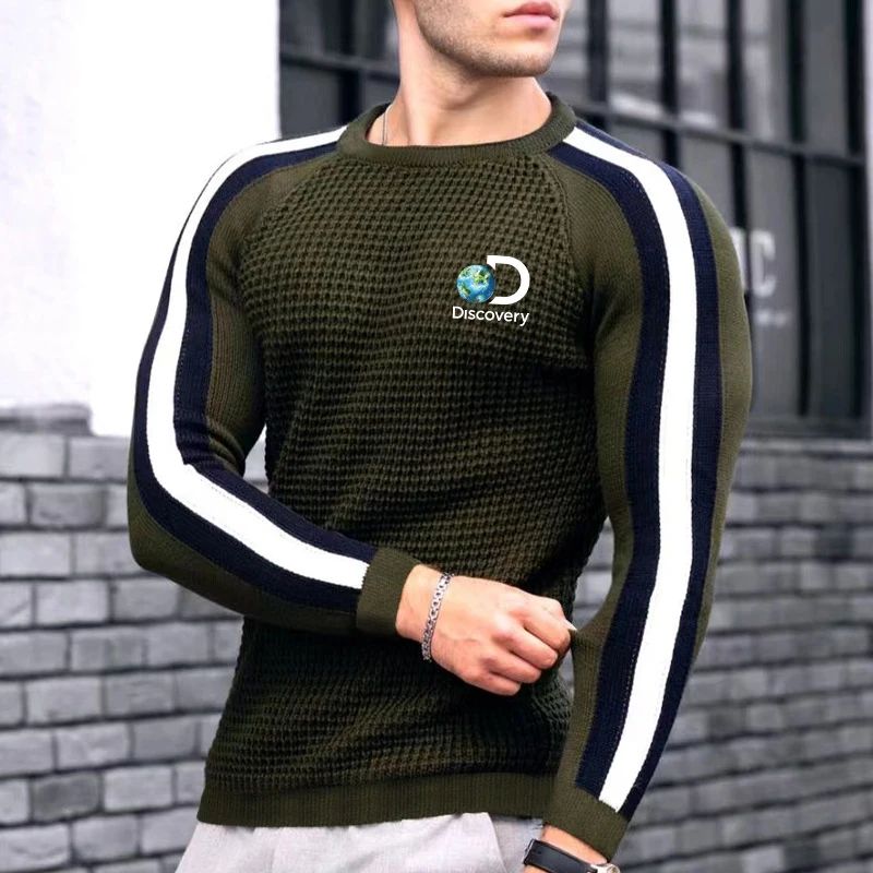 Men's autumn and winter new waffle print pullover bottoming shirt men's color-blocking high-quality casual knitted sweater