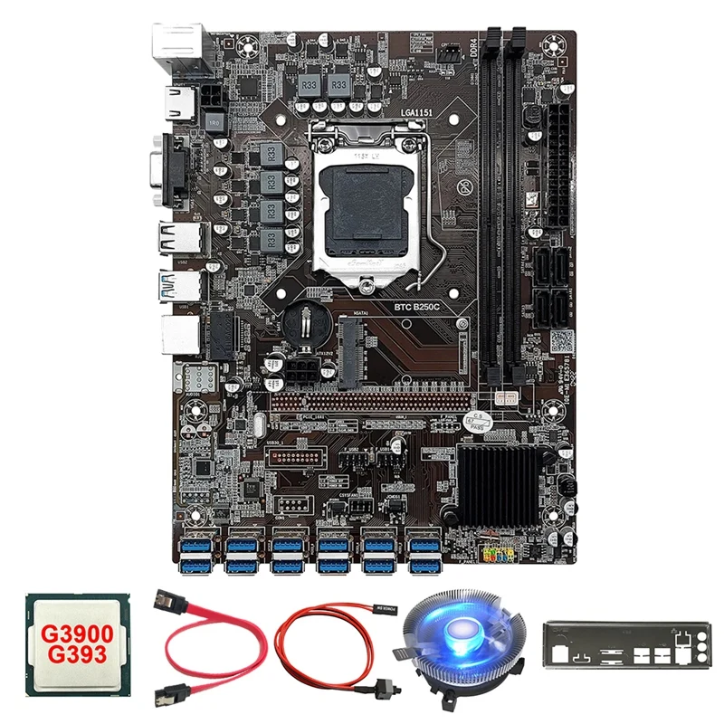 

B250C 12 Card GPU Mining Motherboard+G3900/G3930 CPU+CPU Fan+Switch Cable+SATA Cable+Bezel 12XUSB3.0 LGA1151 DDR4 MSATA