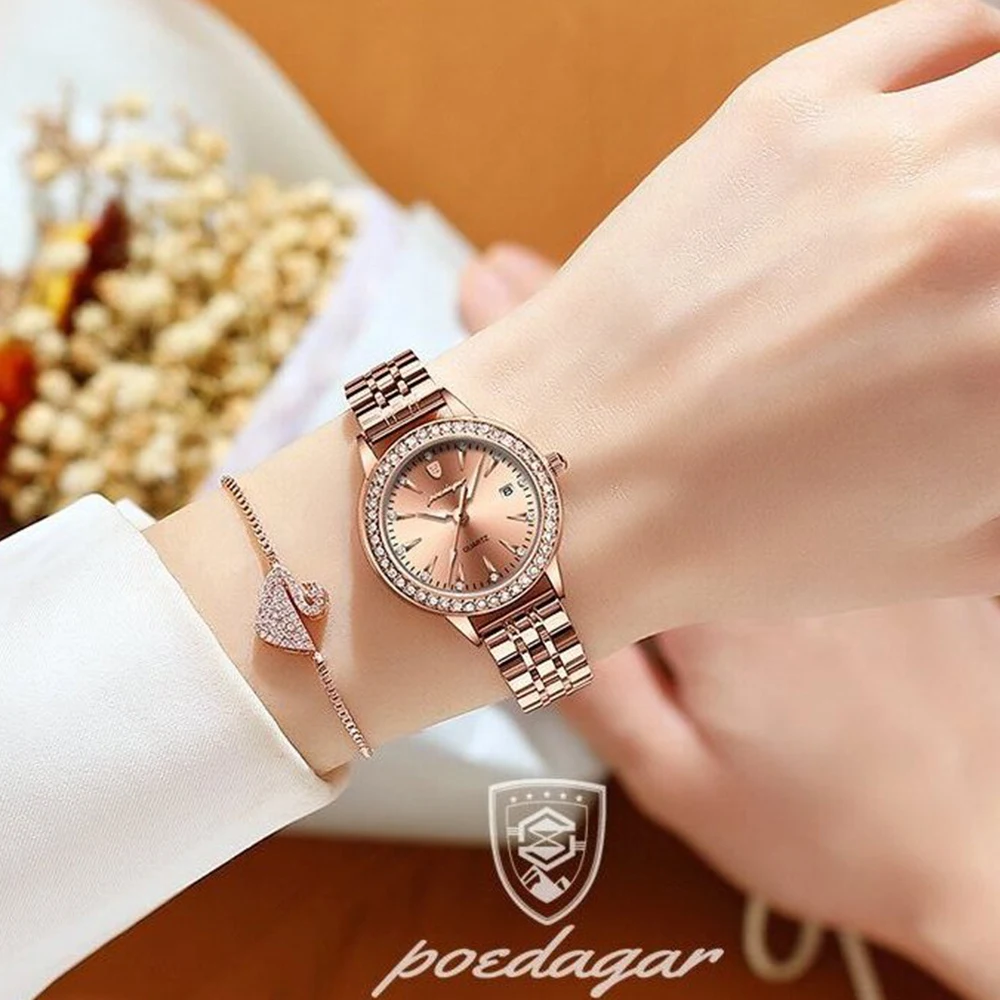 POEDAGAR Women Watch Luxury Diamond Rose Gold Waterproof Stainless Stain Date Quartz Watches Ladies Wristwatch Girlfriend Gift enlarge