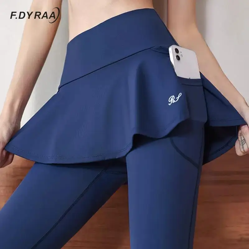 Купи F.DYRAA Women Yoga Pants Jogginghose High Waist Elastic Pocket Leggings With Skirt Solid Gym Fitness Leggings Female Pants за 700 рублей в магазине AliExpress