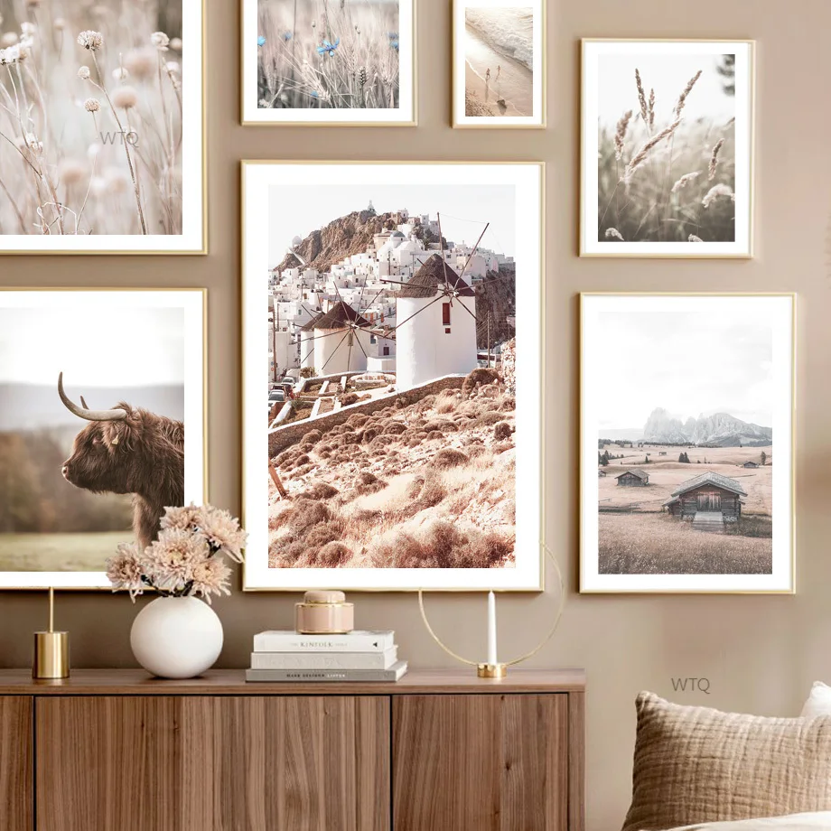 

Windmill House Meadow Cow Dried Flowers Beach Bridge Wall Art Print Canvas Painting Nordic Poster Decor Pictures For Living Room