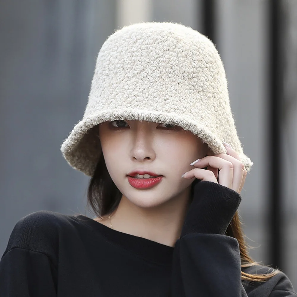 Autumn And Winter Female Bucket Hat Bob Caps For Women Faux Cashmere 56-58cm Solid Color Small Brim Warm Adjustable Shape YF0146