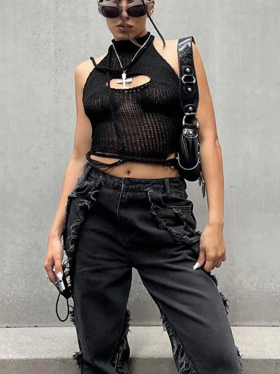 

Roiysan Women Knit Hollow Out Tank Top Crochet Halter Neck Backless Ripped Sleeveless Crop Top Summer Going Out Streetwear (A