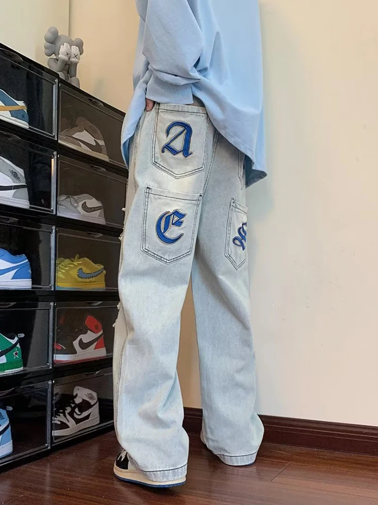 European and American Vibe Street Retro Embroidery Men Jeans Tide Ins High Street Loose Baggy Pants Hip Hop Jeans  Y2K Jeans Men