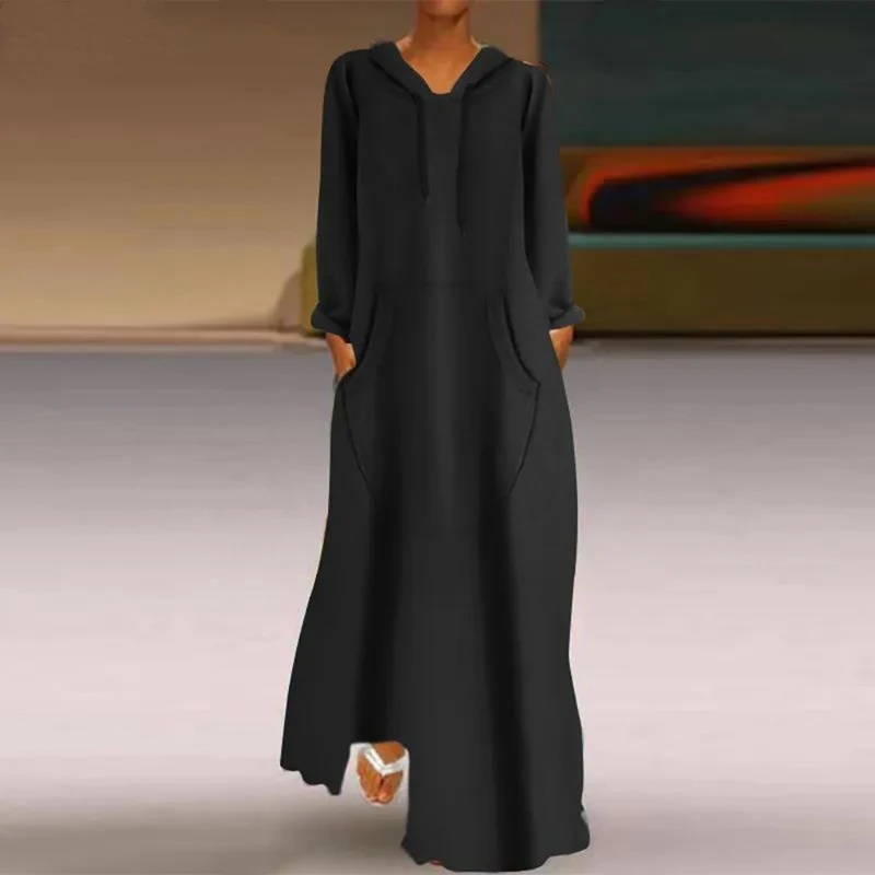 

Women Casual Long Sleeve Pocket Straight Dress New Fall Elegant Loose Robe Dress Vintage Solid Color Hooded Long Dress Vestidos