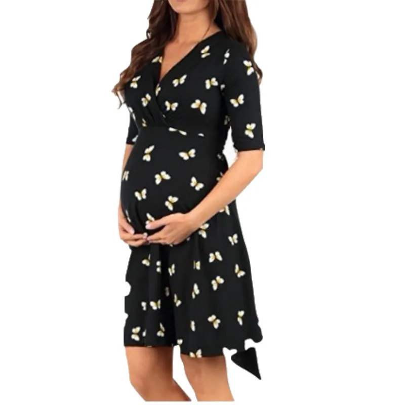 Summer Women's Maternity Dress Casual Breastfeeding Pregnancy Clothes Knee Length with Belt V Neck Printed Nursing Dress enlarge
