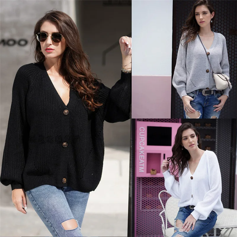 

Autumn New Fashion Cardigan Solid Color ButtonsVCollar Sweater Warm and Loose Outer Sweater