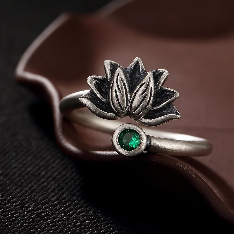

S925 Sterling Silver Vintage Lotus Glaze Inlaid Sterling Silver Open Ladies High-Grade Sterling Silver Ring