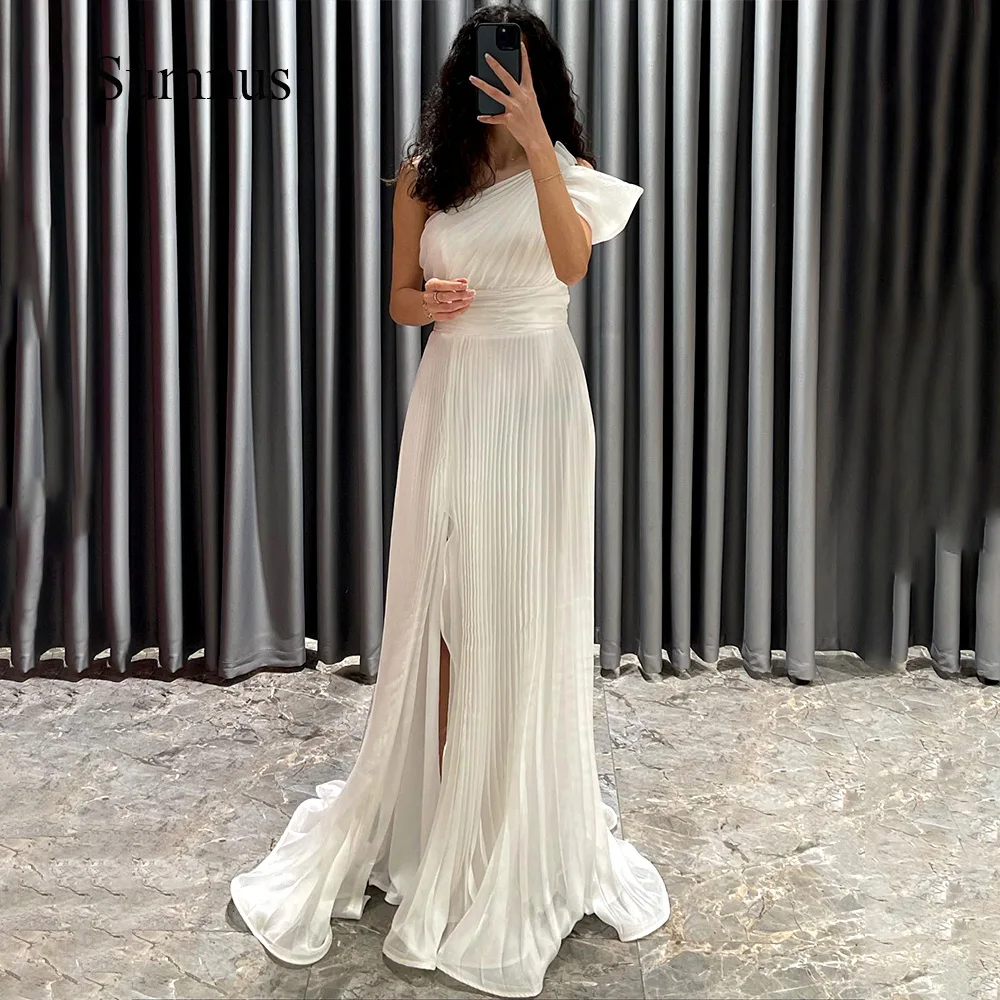 

Sumnus White Pleats One Shoulder Evening Dresses Side Split Long Dubai Formal Dress Elegant Saudi Arabic Banquet Event Gowns