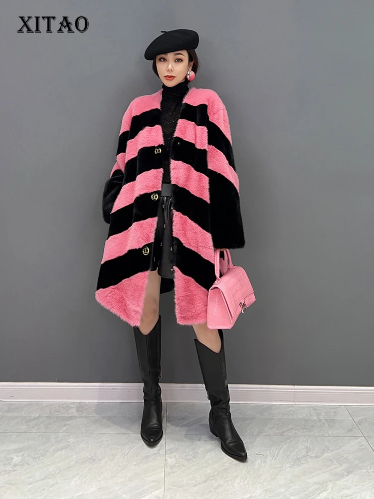 

XITAO Striped Trench Women Fashion Full Sleeve Goddess Fan Single Breast Patchwork Hit Color Mesh Hem Style Trench Coat FBB1068