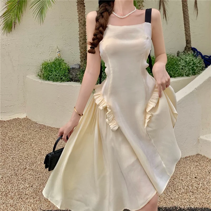 

Elegant Princess Strap Dress Women Summer Fairy Irregular Party Birthday Dress for Women 2022 Hollow Out Evening Beach Dress New