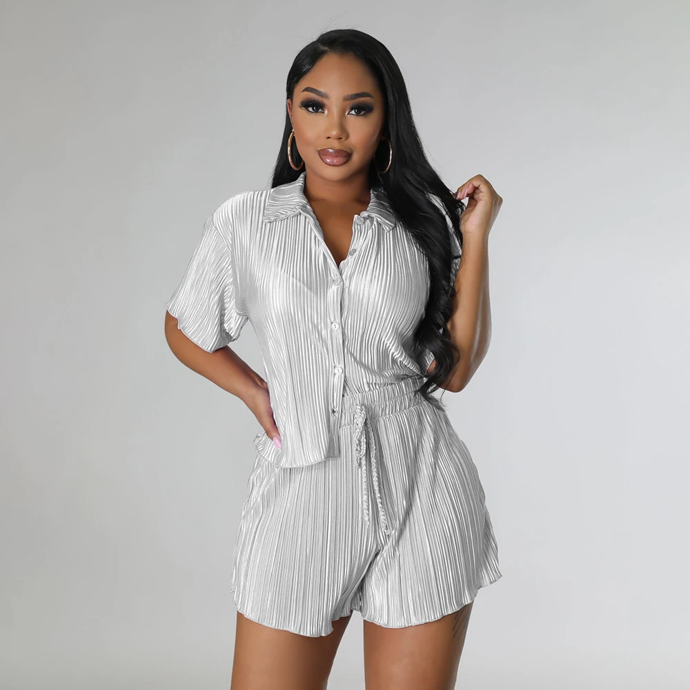 

2 Piece Set Women Summer Casual Print Short Sleeve Shirts Shorts Suit Two-piece Set Fashion Breathable Solid Loose Shirts Suit