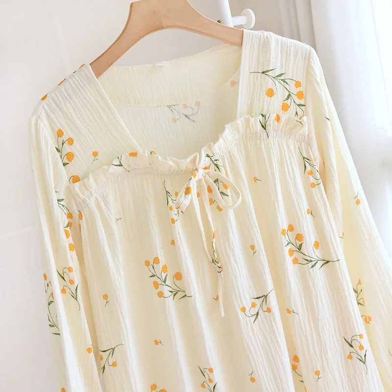 Pajamas Woman Summer Suit for Women Double Cotton Yarn Medium Length Nightdress Sleepwear Free Shipping Sweet Home Dress Crepe