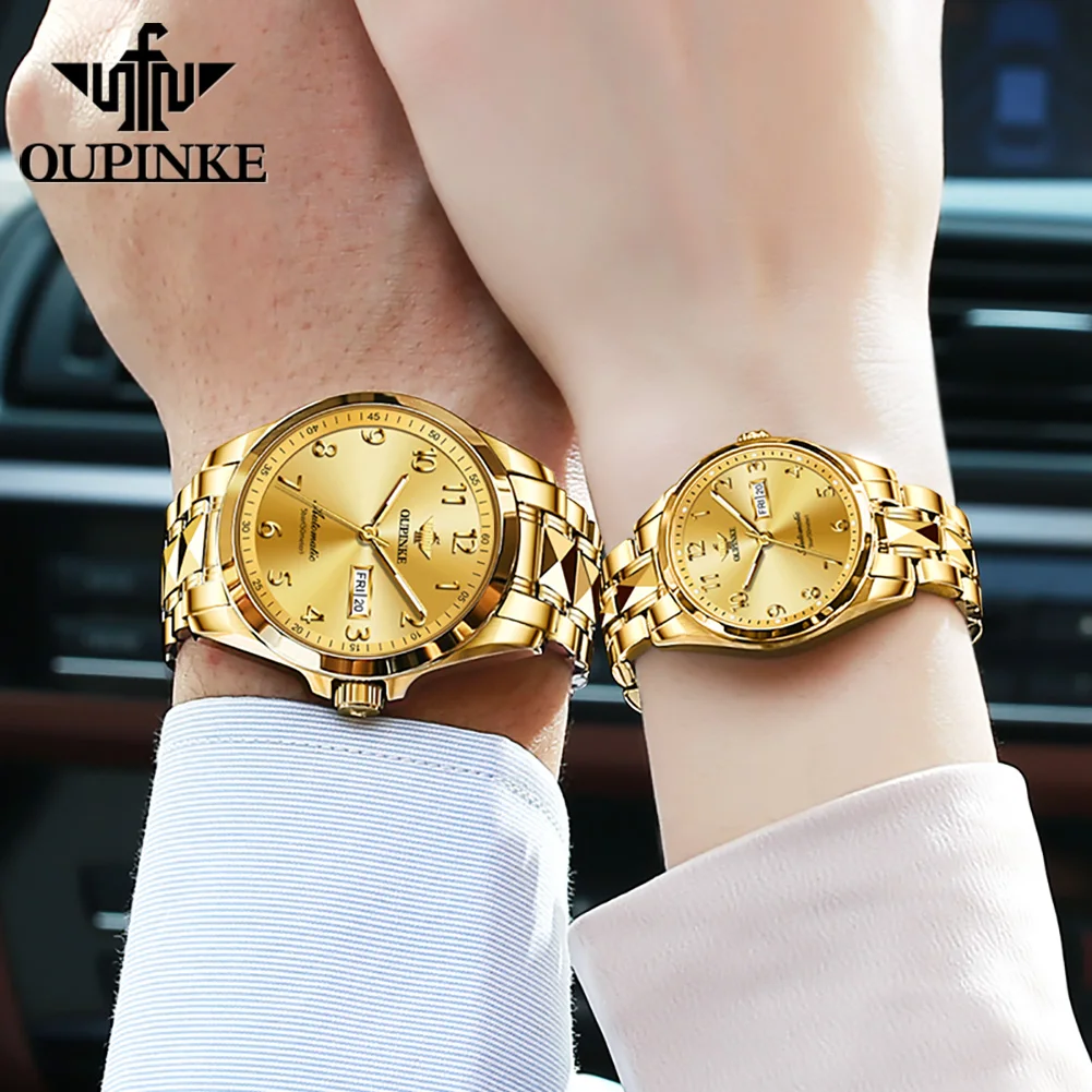 OUPINKE Luxury Digital Gold Couple Watch luminous Fashion Business Automatic Mechanical Necklace Bracelet Couple Watch Set