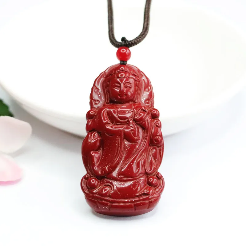 

Natural Mineral Cinnabar Pendant Men Jewelry Avalokitesvara Amulet Accessory Red Sandstone Necklace For Boyfriend Gift