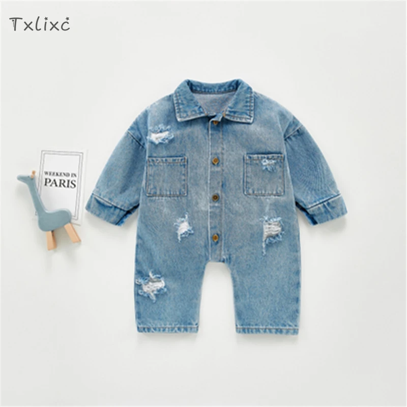 

Детский джинсовый комбинезон Txlixc с застежкой на пуговицах спереди, длинным рукавом, лацканами и карманами, милый комбинезон для девочек и м...
