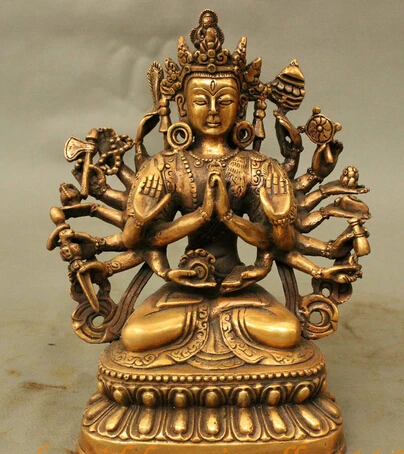 

19cm Chinese Buddhism Bronze 1000 Hands Guan Yin Kwan-Yin Lotus Seat Statue Sculpture