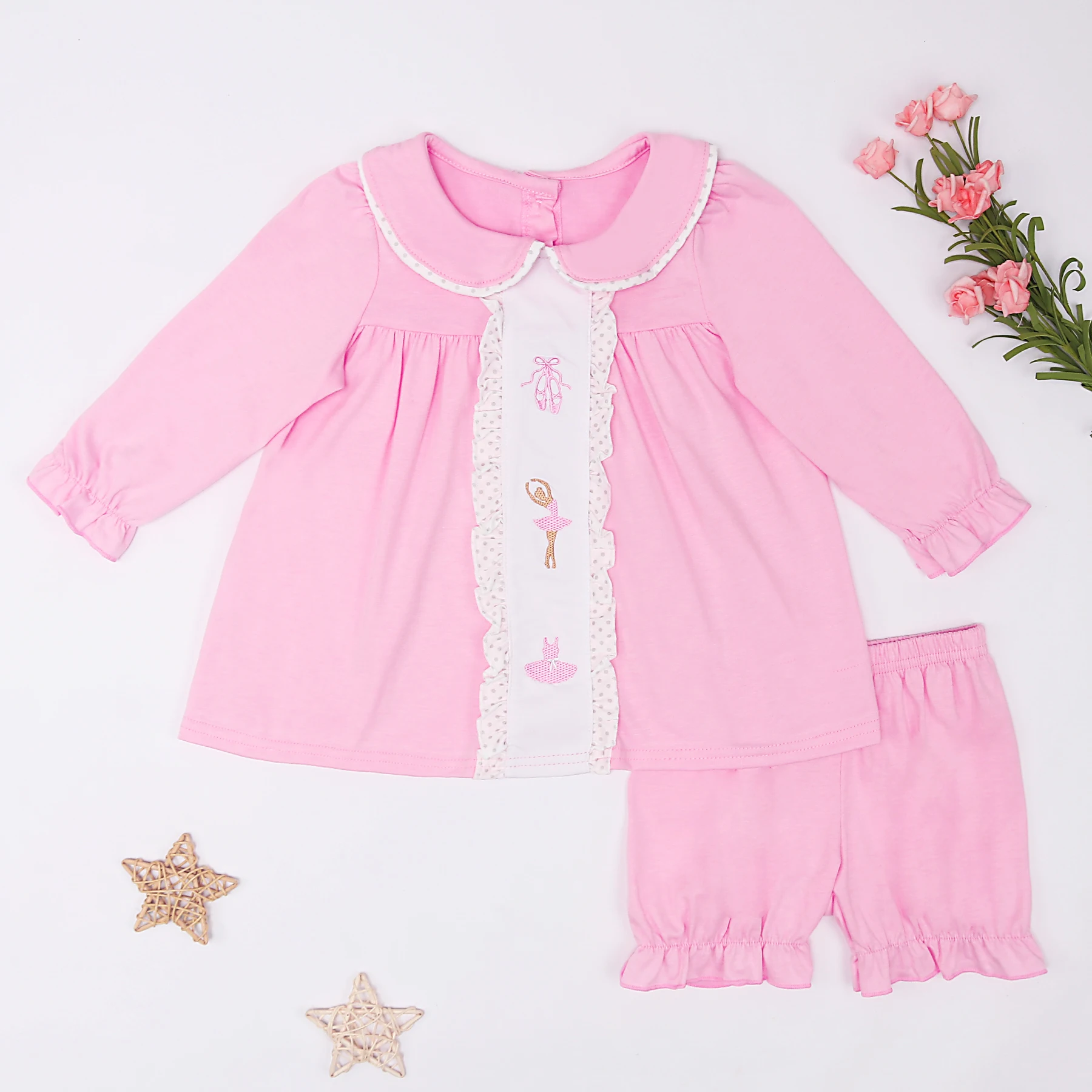 

Children's 1-8T Outfits Toddler Baby Girl Clothes Set 2pcs Pink Suit Ballet Embroidered Bodysuit Pink Long Sleeve Lace Shorts