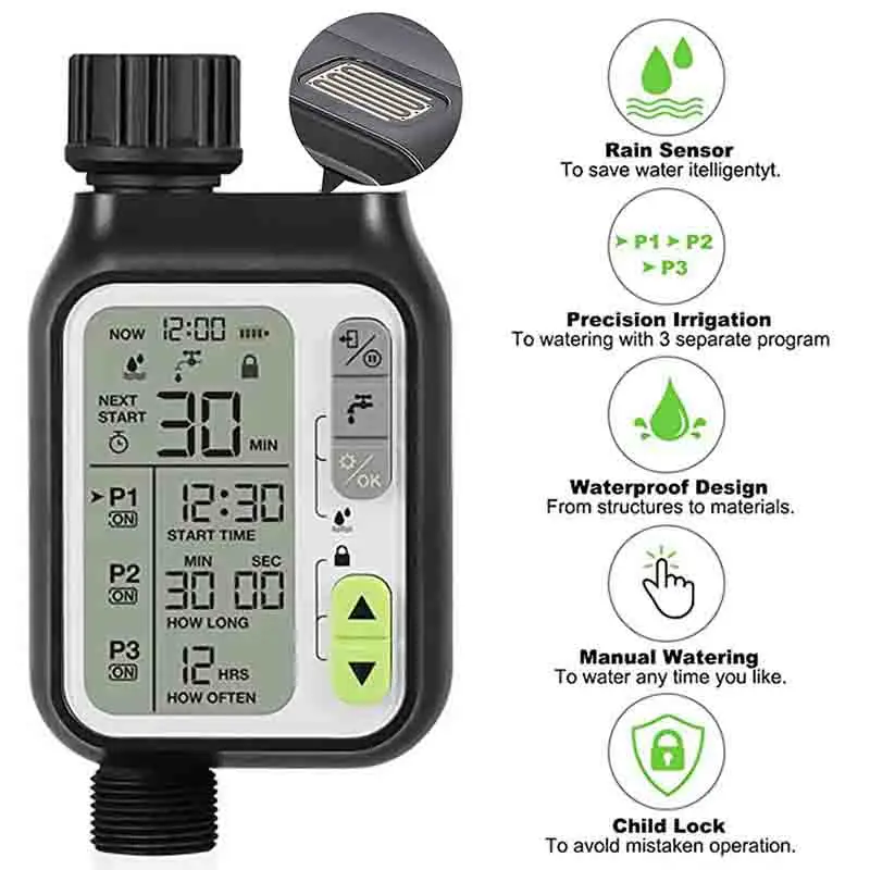 

Garden Automatic Irrigation Water Timer With Rain Sensor Outdoor 3 Separate Programs Irrigation Controller Watering System