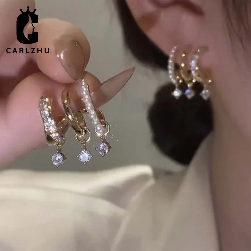

Real Gold Plated Zircon Pearl Three-layer Geometric Stud Earrings Korean Design Sense Exaggerated Earrings Female Jewelry