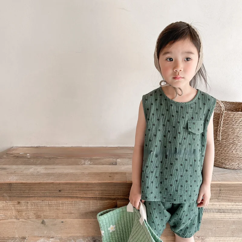 

2022 Summer Baby girls dot linen cotton outfits Girls back Single breasted sleeveless Vest and shorts 2pcs