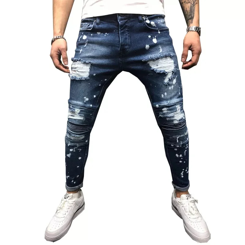 

NEW IN Jeans Stretch Destroyed Ripped Paint point Design Fashion Ankle Zipper Skinny Jeans For Men