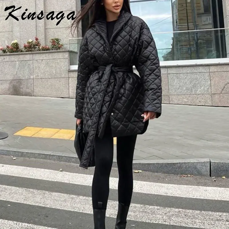 

Fashion Collected Waist Long Quilted Coats Women Winter Warm Side Slit Plaid Tie Belt Cotton Jackets Female Ladies Padded Parkas