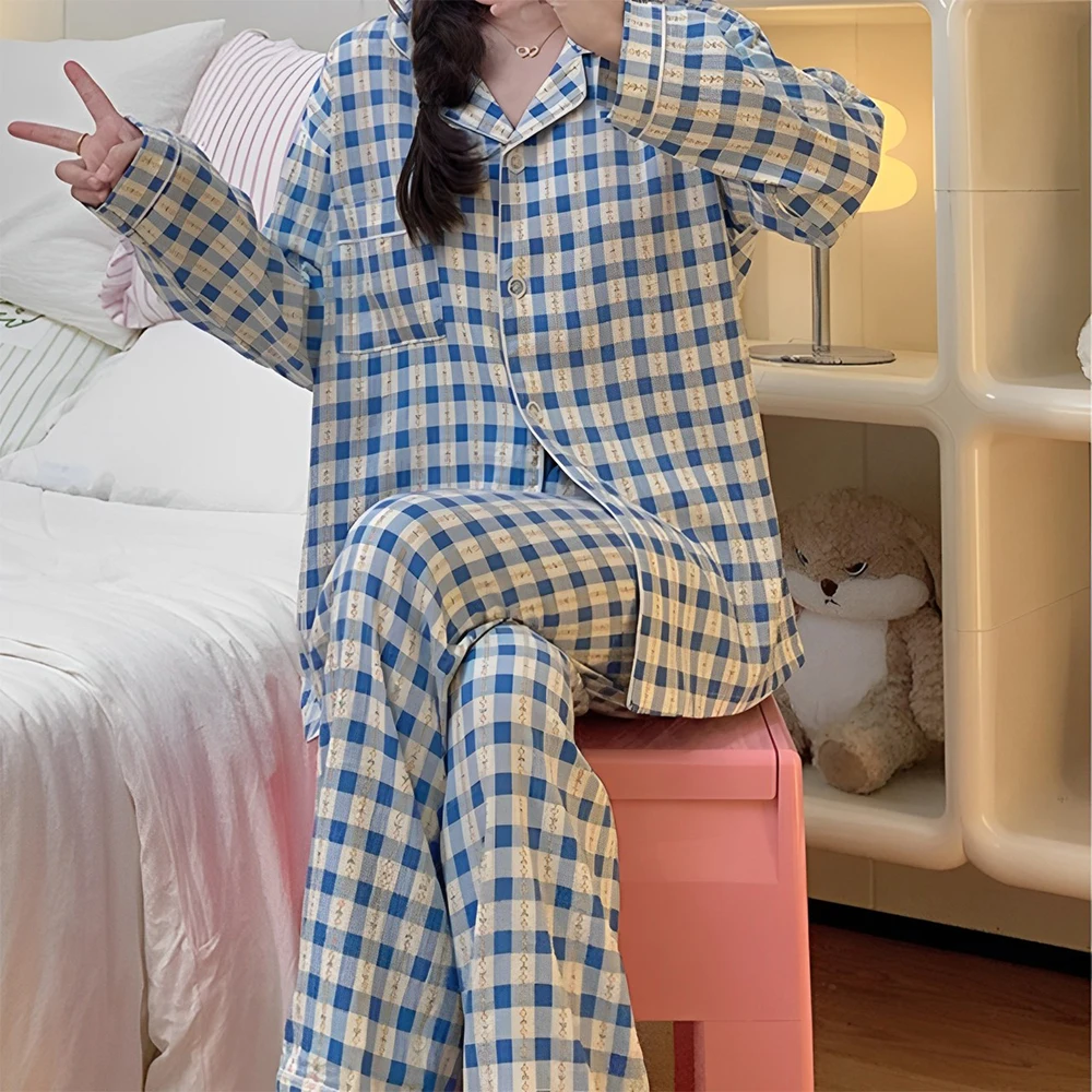Женский пижамный комплект осенняя синяя клетчатая одежда для сна пижамы с
