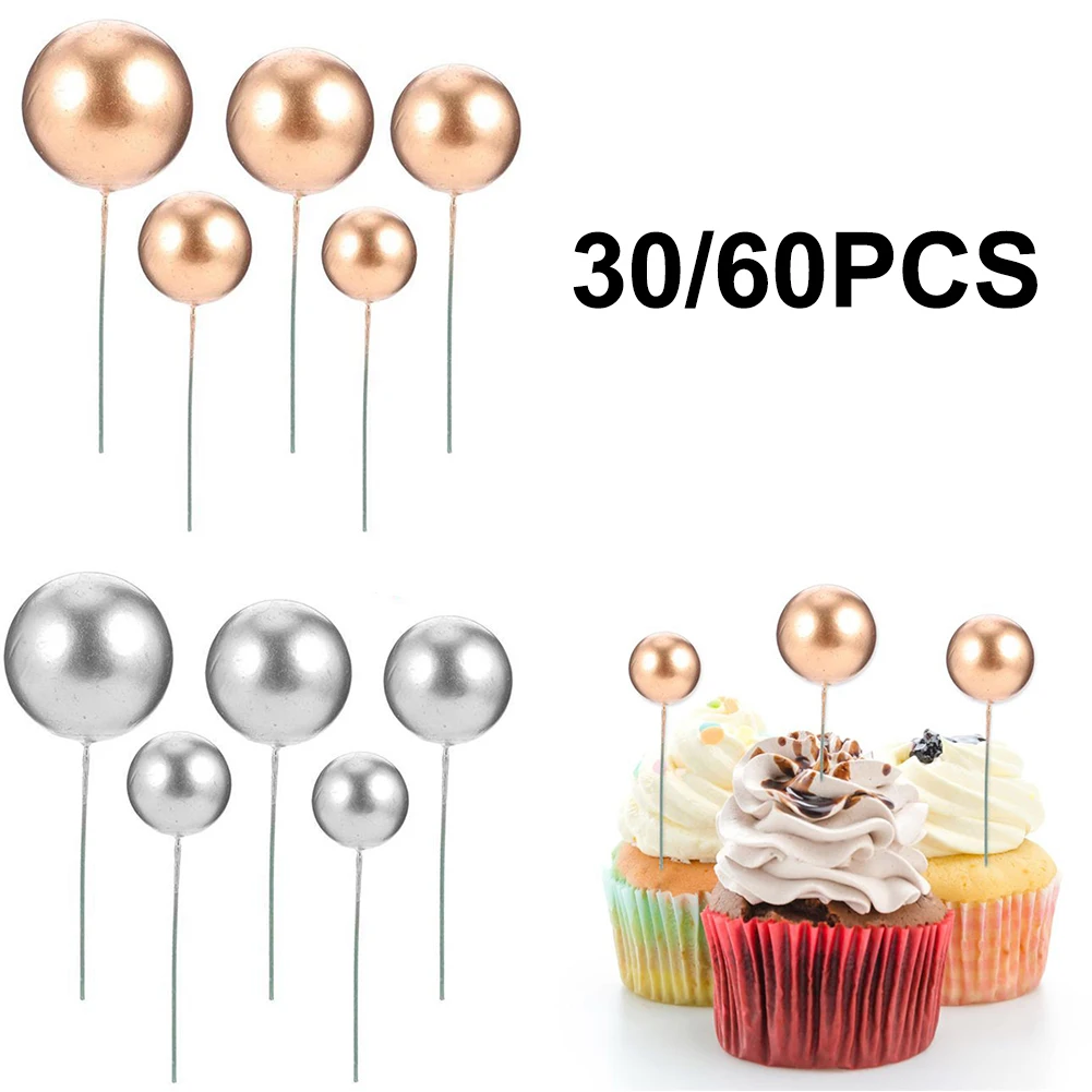 

30pcs/60p Ball Cake Toppers Birthday Party Silver Golden Christmas Tree Decor Ornament Baby Shower Party Supplies Cake Decor