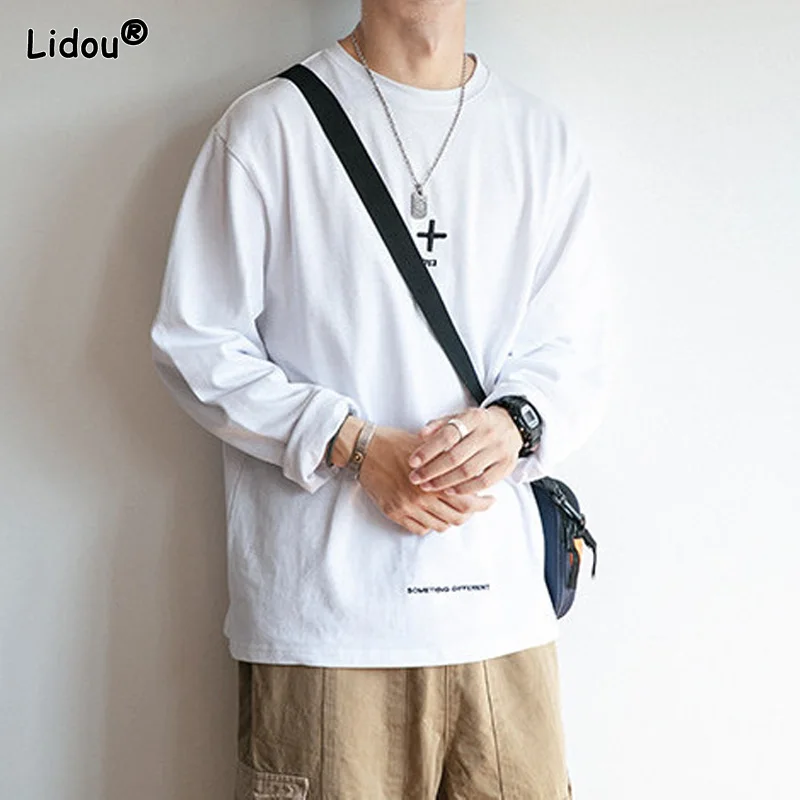 

Fashion O-neck New Loose Comfortable Long Sleeved T-shirts Korean Spring Autumn Casual Tops Print Simple Men's Clothing 2022