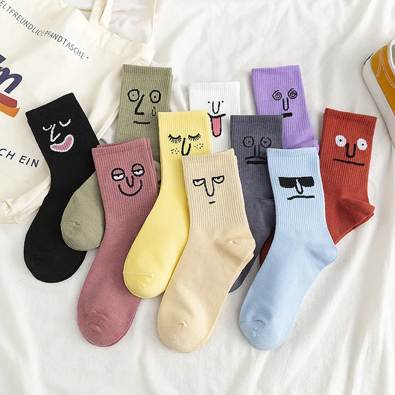 3 Pairs Spring And Autumn New Cotton Women's Socks Funny Expression Jacquard Personality  Trend