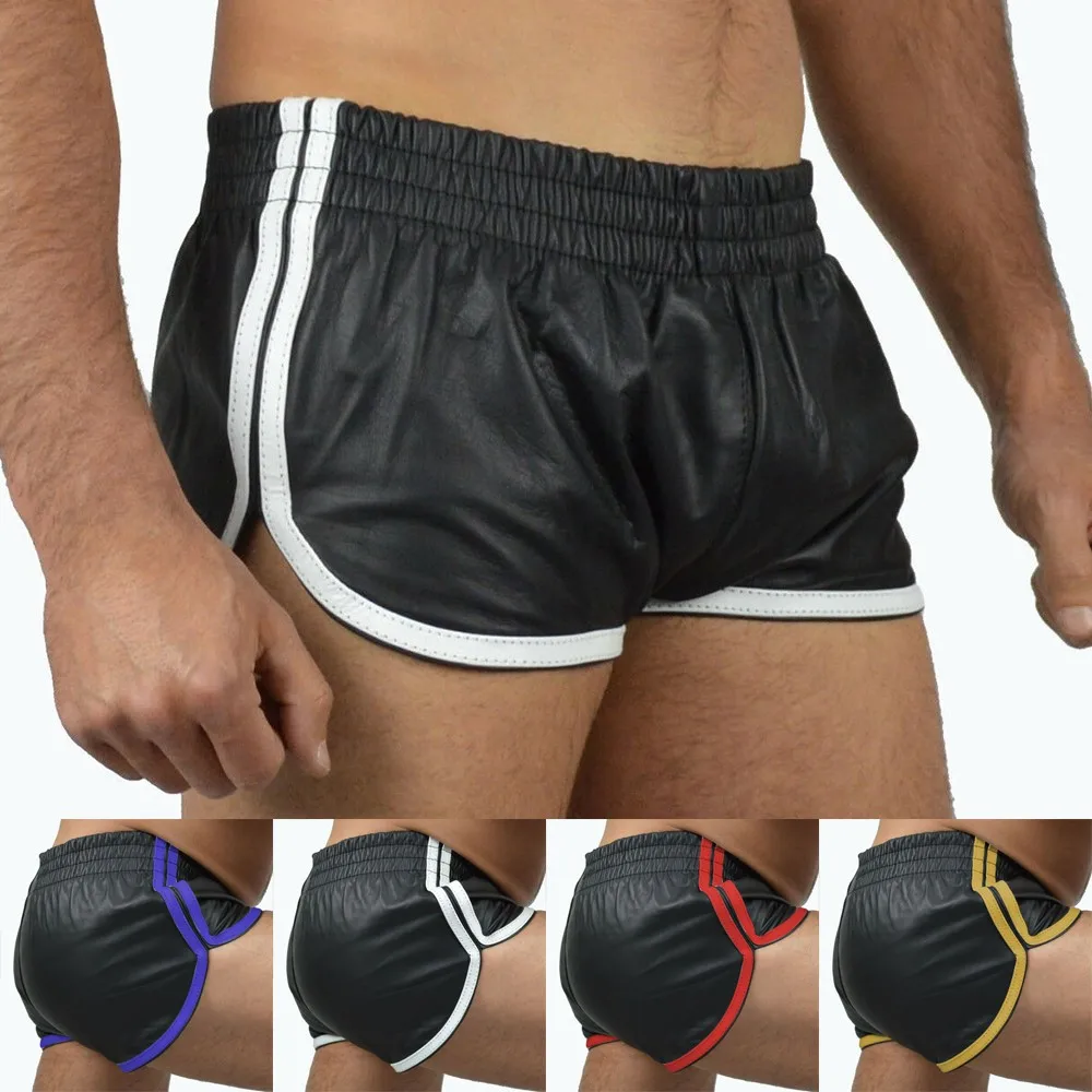 

Sexy Men Punk PU Leather Slim Motorcycle Trousers Solid Color Shorts Soft Boxershorts Male Panties Shorts L-3XL