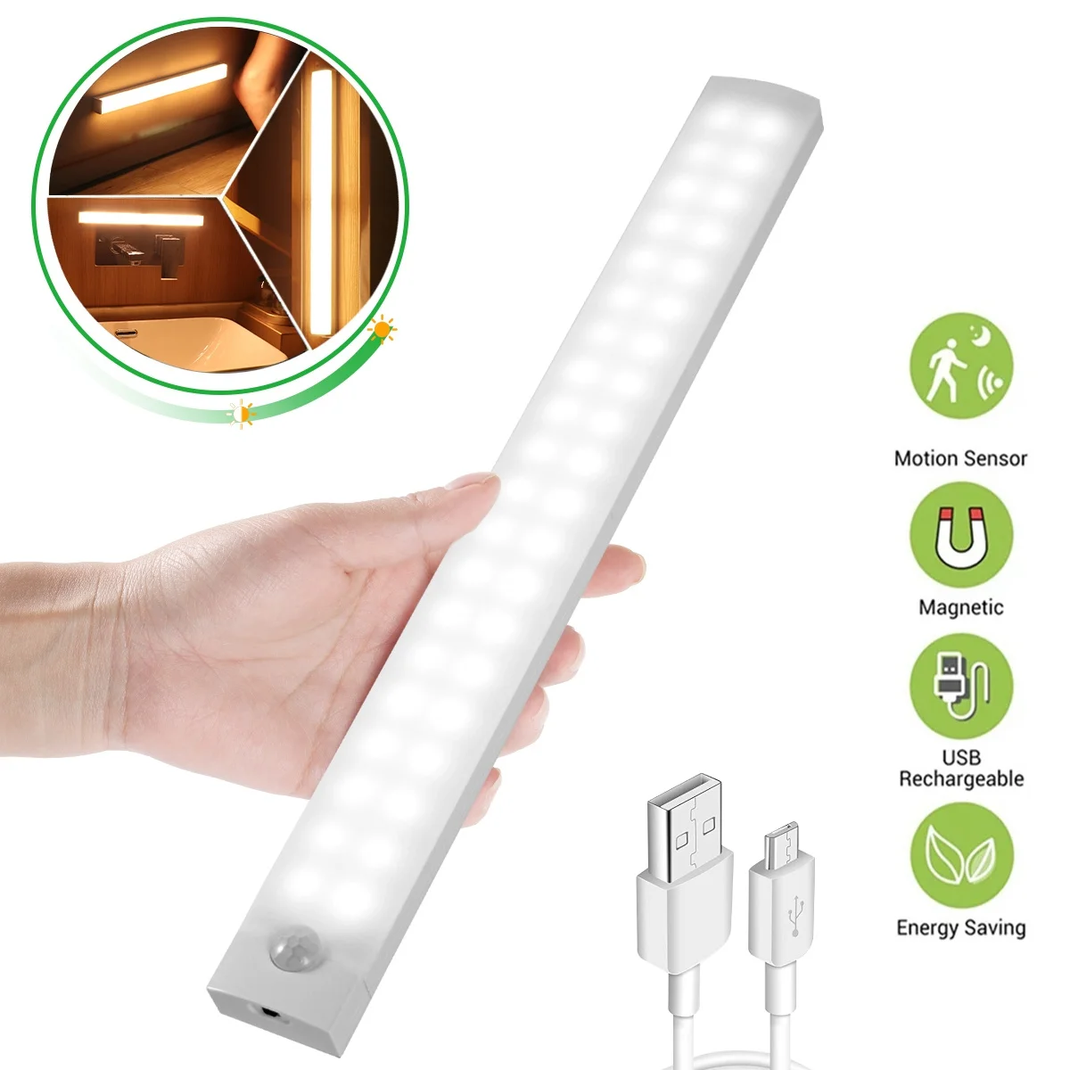 

Led Under Cabinet Night Lighting Motion Sensor Indoor Led Sensing Light for Closet Kitchen Cabinet Usb Rechargeable Magnetic