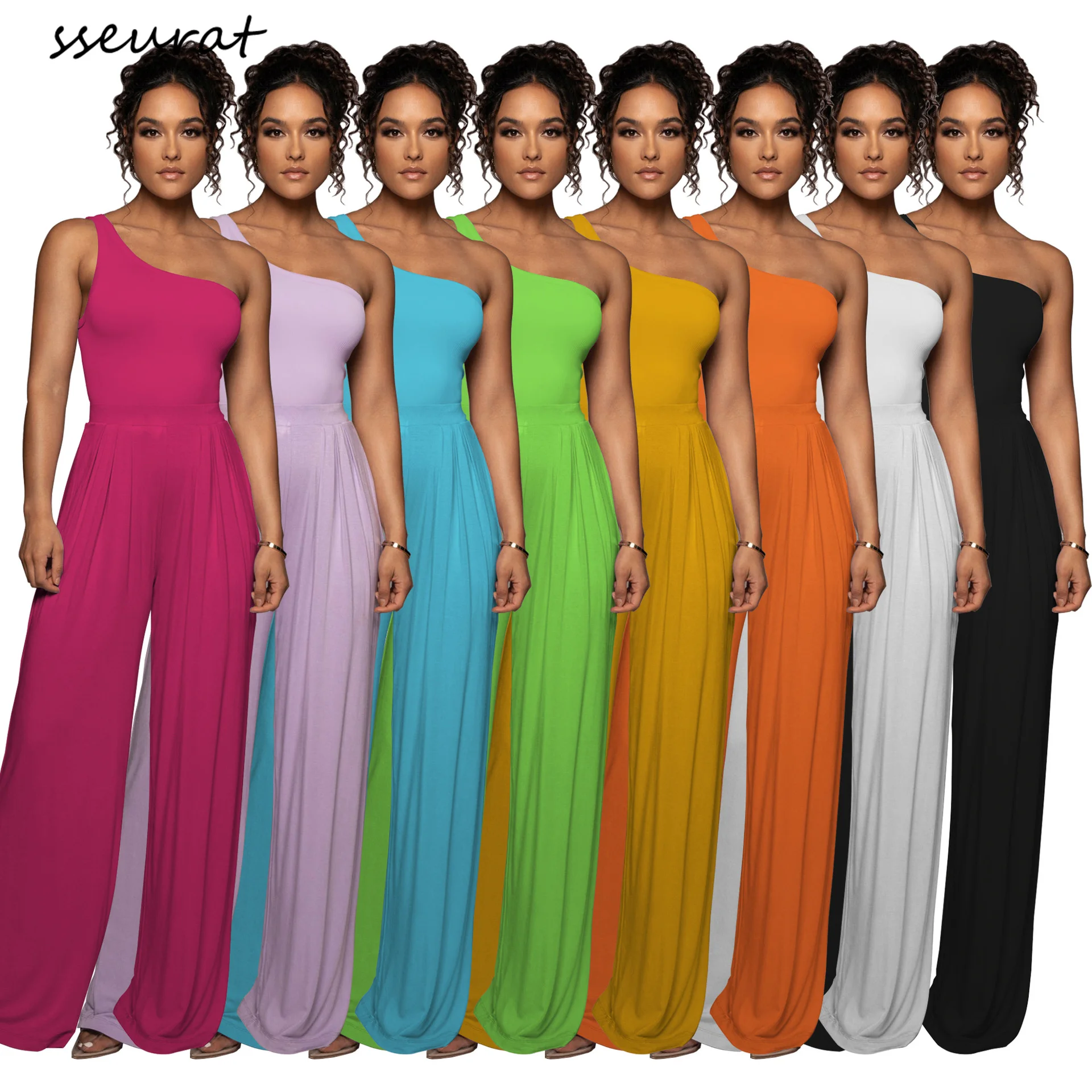 

Women's 2pc Set Casual Fashion Sleeveless One Shoulder Tops Wide Leg Pants Suits Outfits Streetwear