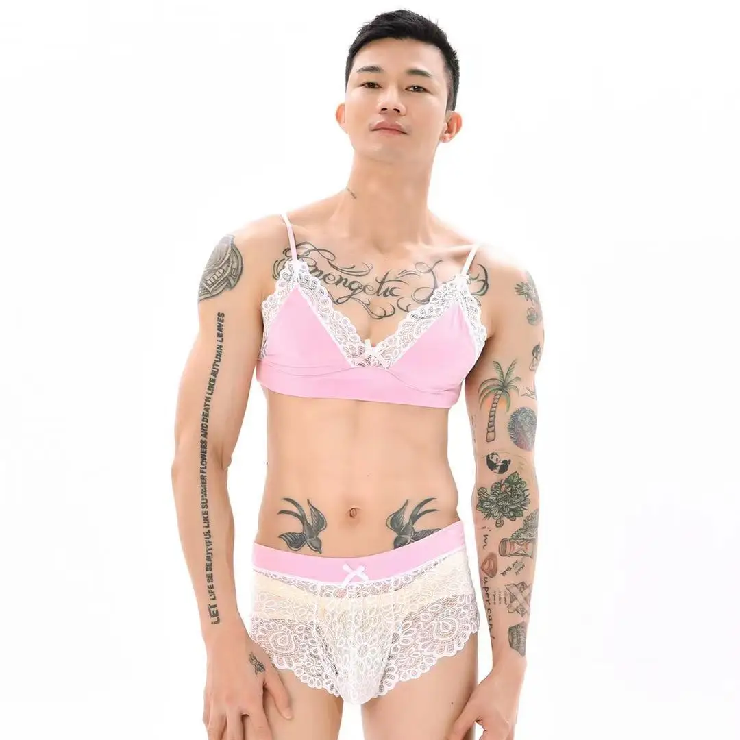 Men's Sexy Gay Bow Lace Tops Panties Boxer Sets Cutouts Hot Pajamas Underwear