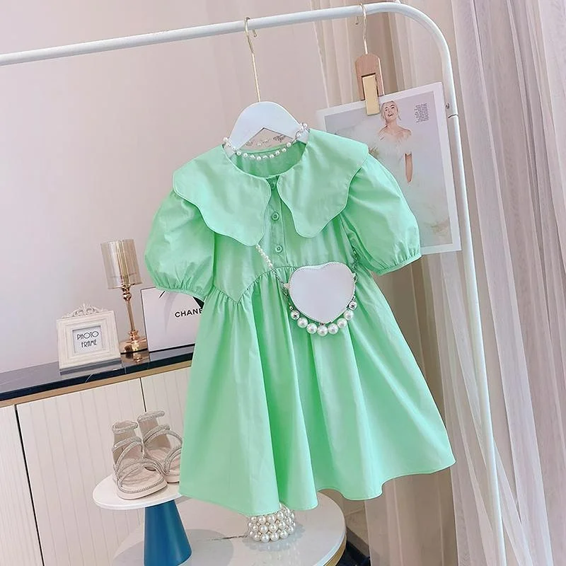 

Girls Dresses for Children 2023 Summer New Puff Sleeve Doll Collar Solid Green Princess Dress Sweet Baby Girl Clothes Costume