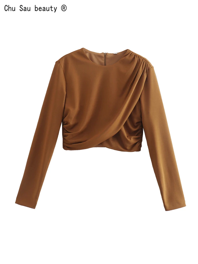 

2022 Spring New Fashion Urban Casual Folds Decorative Long Sleeves O-Neck Solid Color Crop Top Blouse For Women