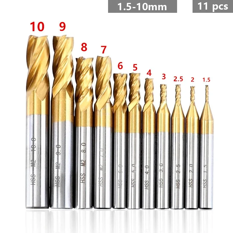 7/11PCS Set Combined HSS End Mill 4 Flutes High Speed Steel Milling Cutter 1.5mm - 10mm CNC Metal Milling Tools Set