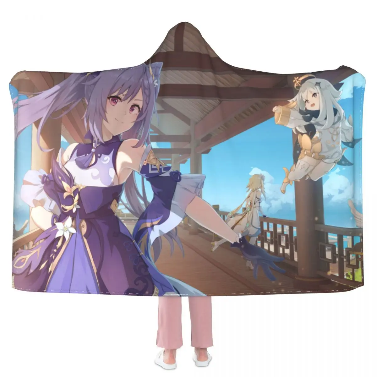 

Ударное одеяло Genshin, флисовое покрывало с капюшоном Keqing, супермягкое модное смешное покрывало