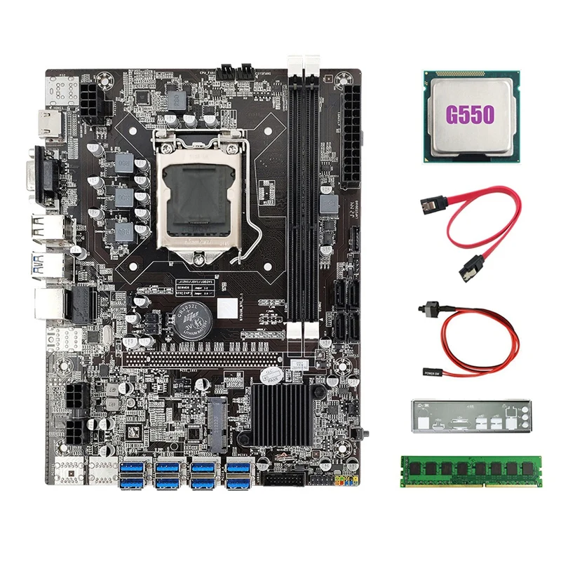 B75 8USB ETH Mining Motherboard+G550 CPU+DDR3 4GB 1600Mhz RAM+Switch Cable+SATA Cable+Baffle B75 BTC Miner Motherboard