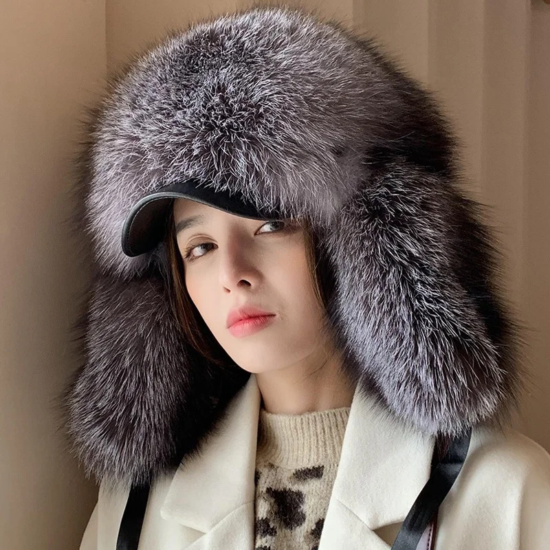 Women's High-end Luxury Fur Lei Feng Hat Winter Fox Fur Warm Ear Protection Hat Outdoor Fashion Cold Fur Lei Feng Hat