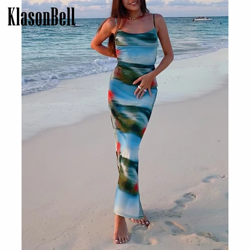 

6.4 KlasonBell Fashion Holiday Double-Layer Print Breathable Mesh Slim Suspender Split Long Dress Women