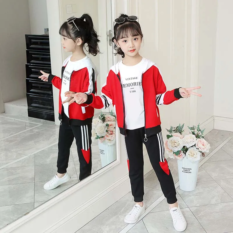 4-12 year old girls spring and autumn sports two-piece fashion color matching hooded top coat + pants Korean children's clothing