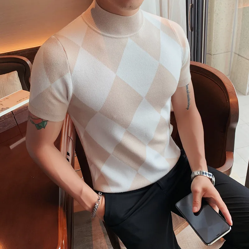2022 Autumn Winter Short Sleeve Sweater Men Fashion Diamond Lattice Turtleneck Tees Casual All-match Knitted Elasticity Pullover
