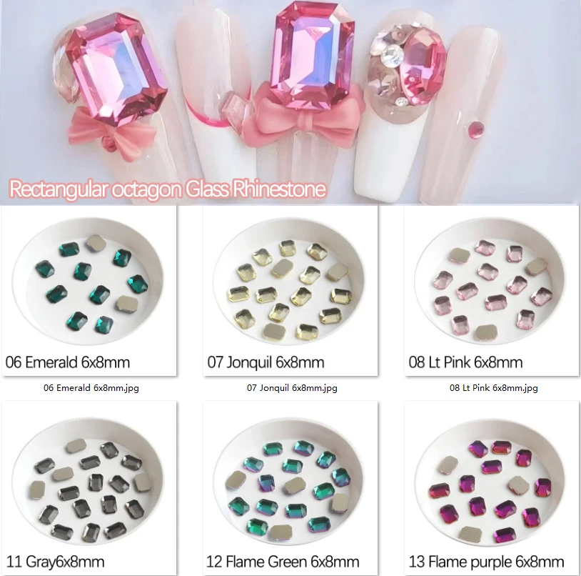 New 6x8mm Re-octagonal Flat Back Glass Crystal Nail Art Rhinestone Apply To DIY Manicure Decoration Accessories