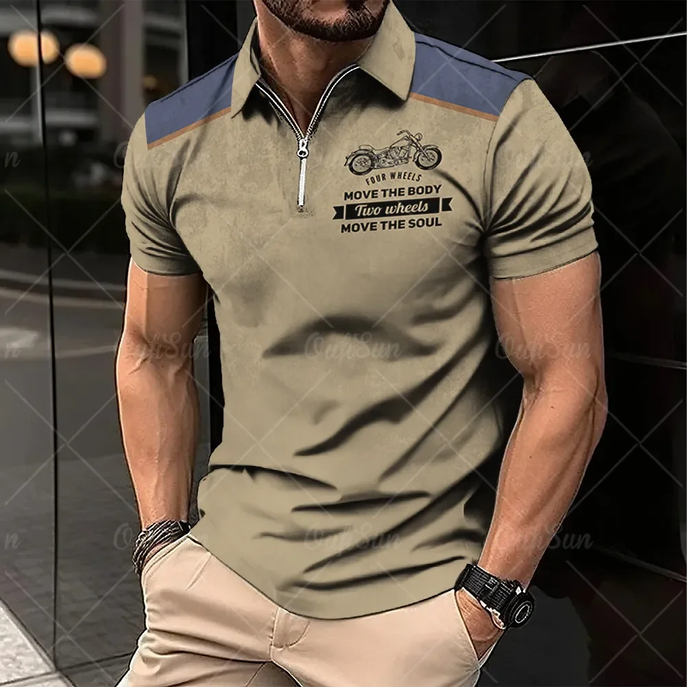 

Vintage Short Sleeve Men's Polo Shirts Motocycle 3d Print Lapel Zipper Man Top High Quality Oversized Male Shirt Casual Clothing