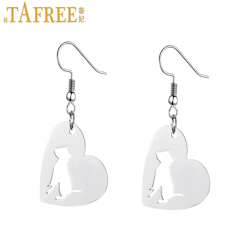 

TAFREE Heart-shaped pendant bulldog women drop earrings stainless steel animal profile dog lover dangle earrings jewelry SKU01