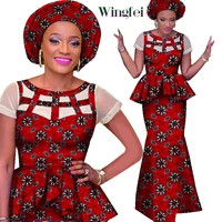 african clothes for women 2 pieces set short sleeve top shirt and long skirt with african headwrap dashiki women attire wy1557