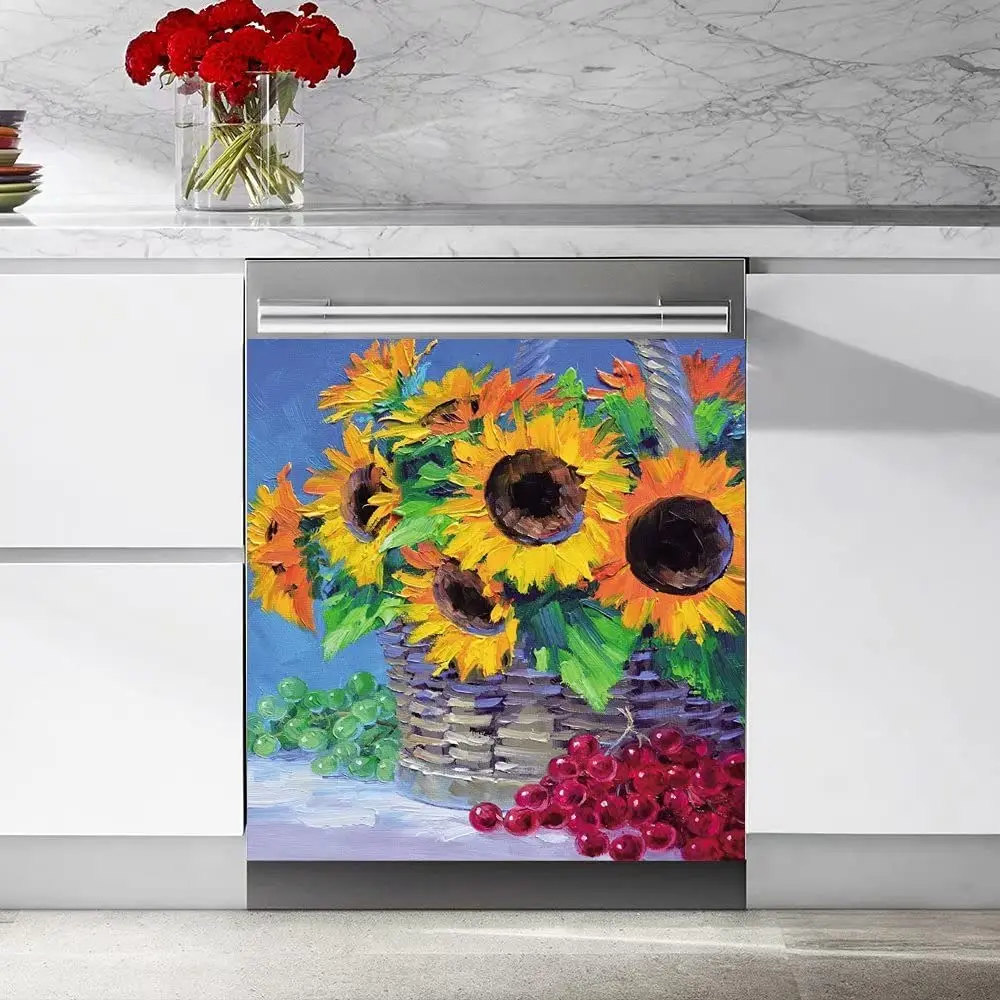 

Tup Sunflower and Grape Oil Painting Home Kitchen Dishwasher Door Magnetic Sticker,Cabinet Cover Magnet Sticker Panel Decal,Wash